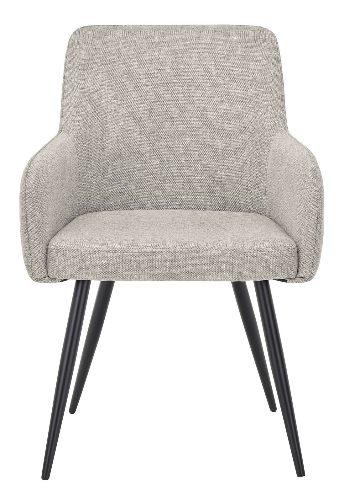 Grauer Armlehnstuhl mit Stoffbezug und schwarzen Metallbeinen, Frontalansicht