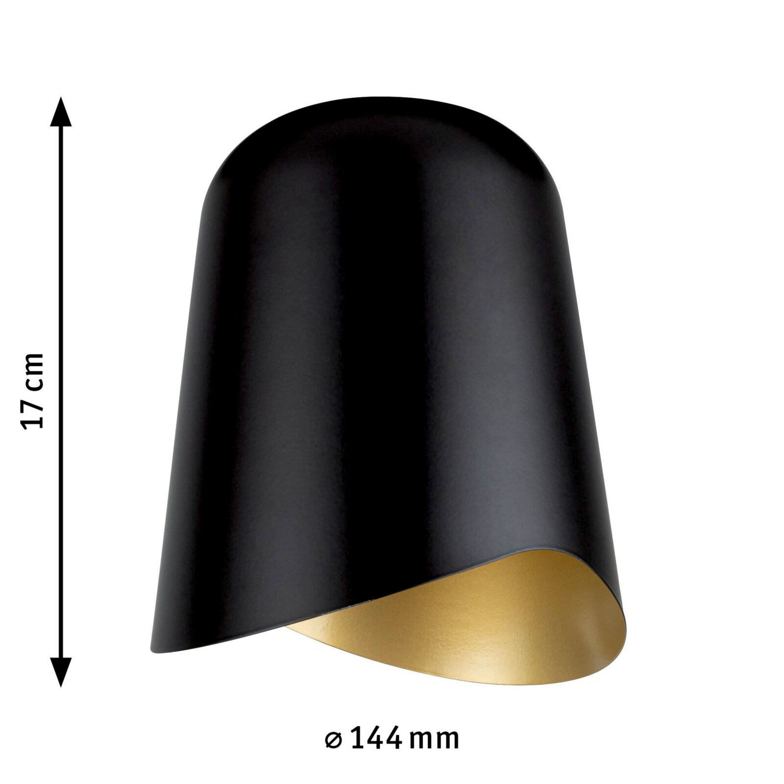 Schwarzer Dekoschirm Alvaro mit goldener Innenseite, seitliche Perspektive, Höhe 17 cm, Durchmesser 144 mm