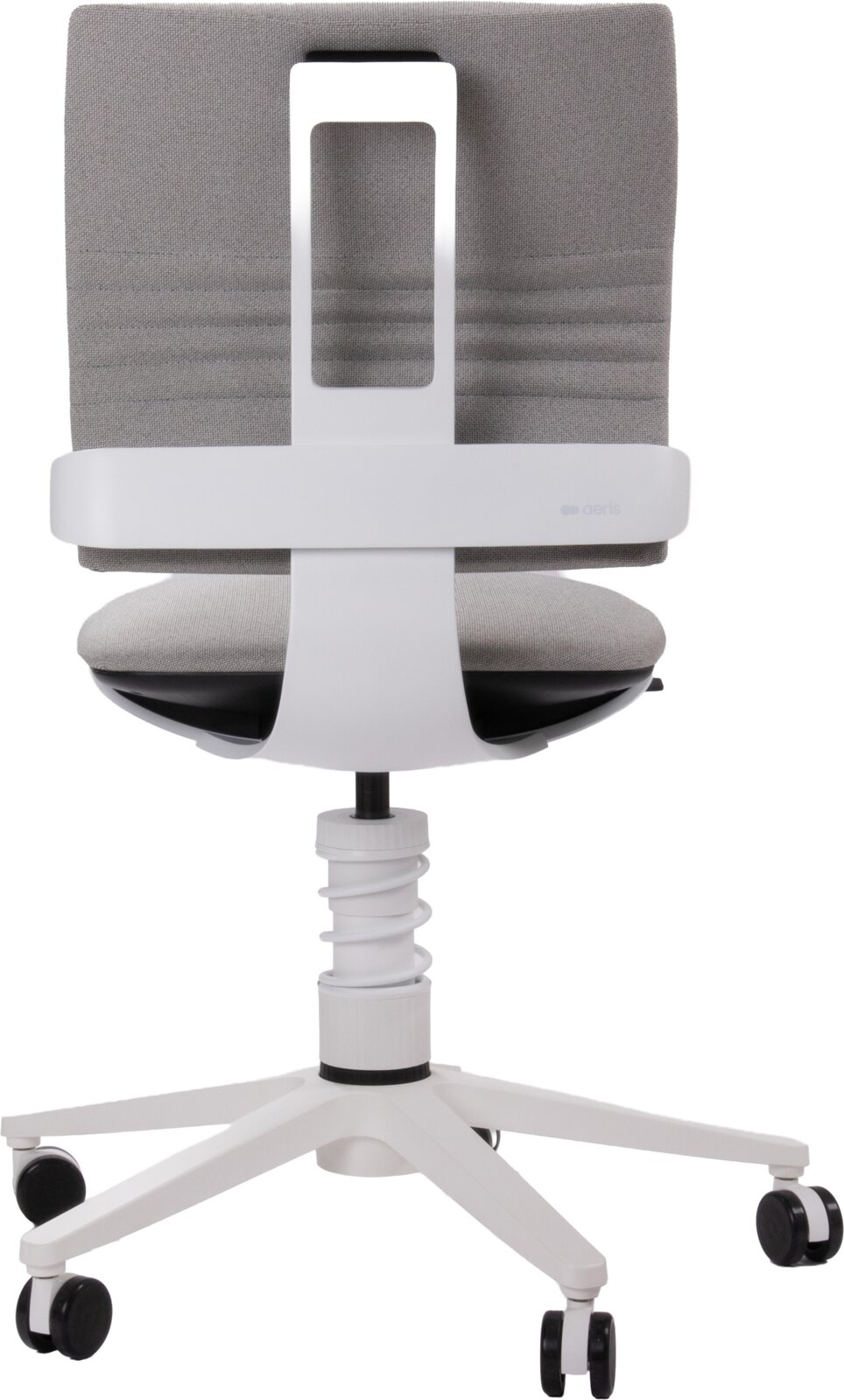 Achteraanzicht van een ergonomische bureaustoel met grijze stoffen rugleuning en zitting, wit frame en witte vijfster-voet met wielen, op witte achtergrond