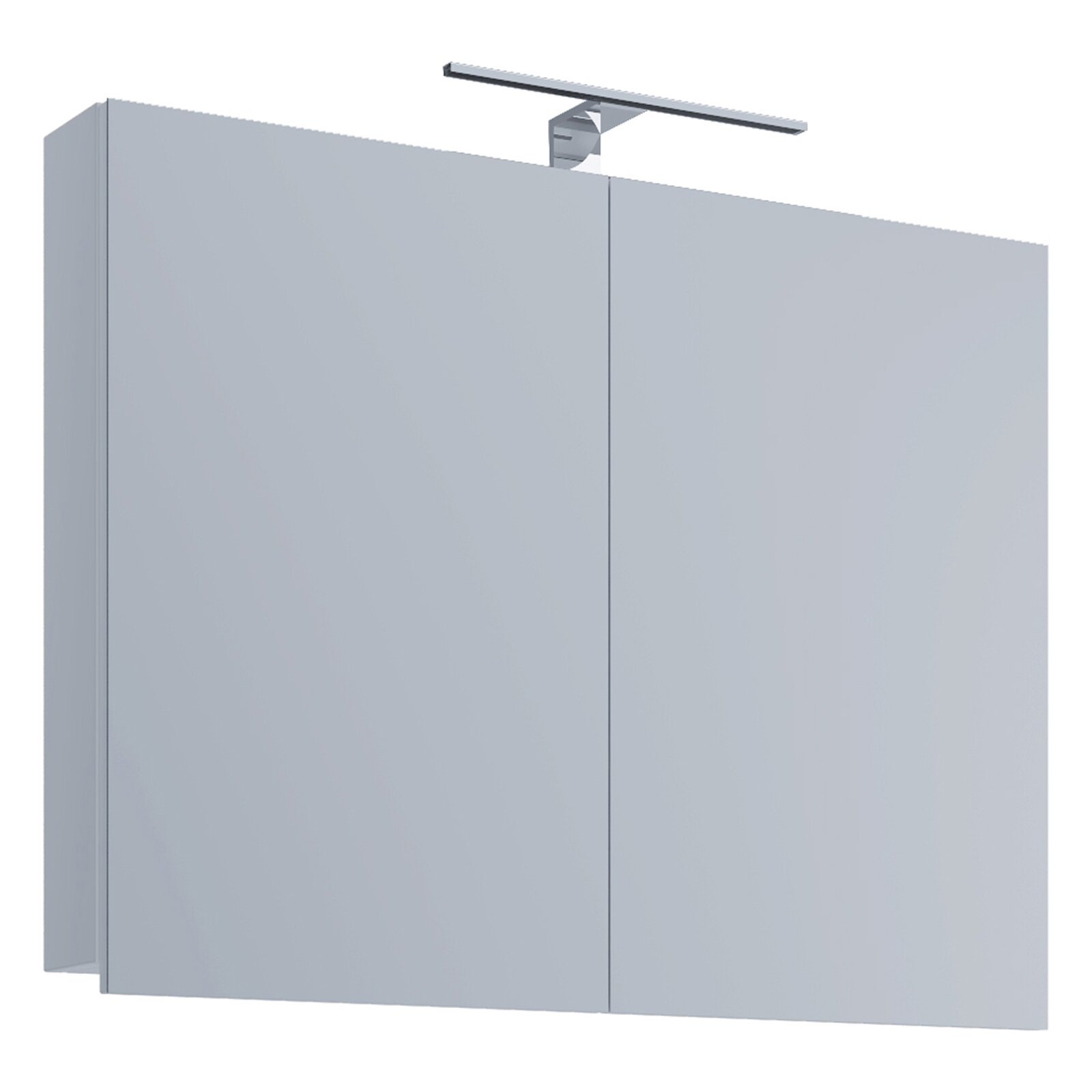 Moderner Badezimmerspiegelschrank mit zwei glatten Spiegeltüren und aufgesetzter LED-Aufsatzleuchte in Chrom, Ansicht schräg von vorn links
