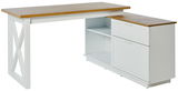 Moderner Eck-Schreibtisch mit weißem Gestell und Holzoberfläche, seitliche Perspektive