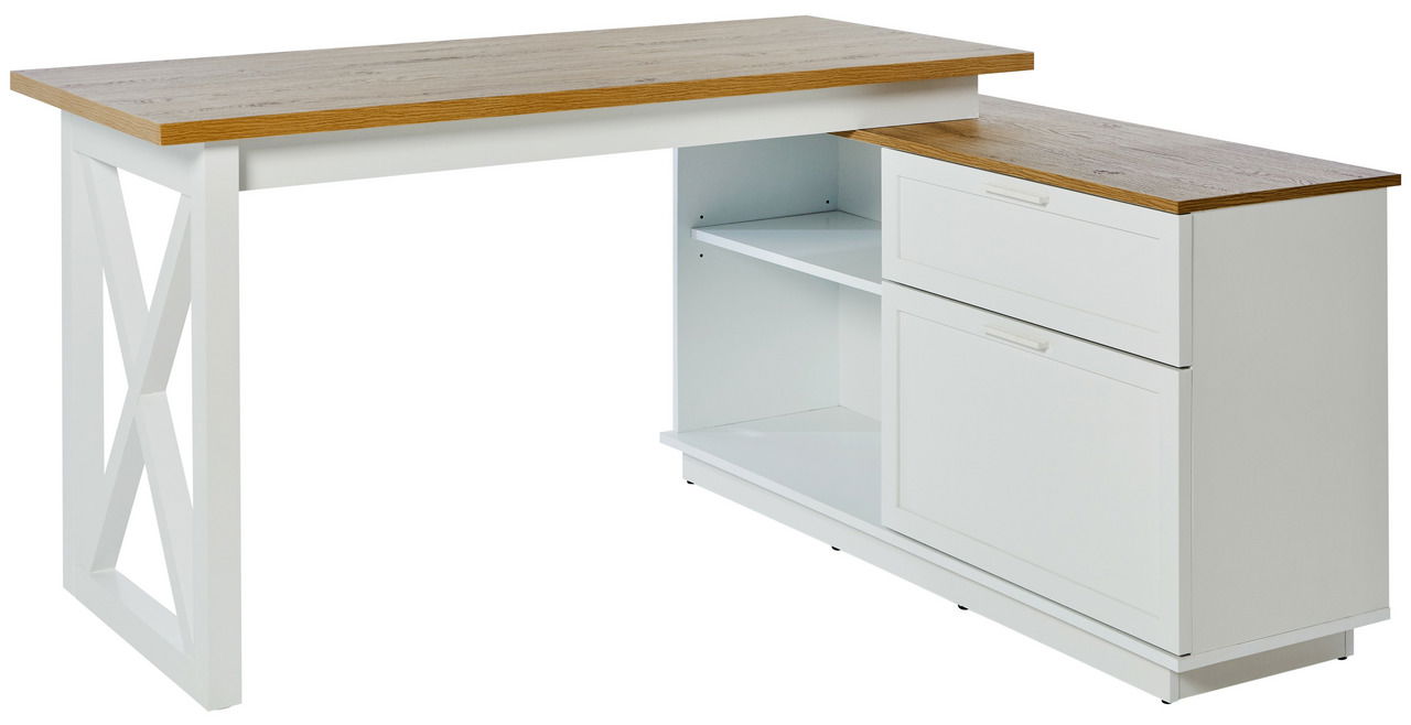 Moderner Eck-Schreibtisch mit weißem Gestell und Holzoberfläche, seitliche Perspektive