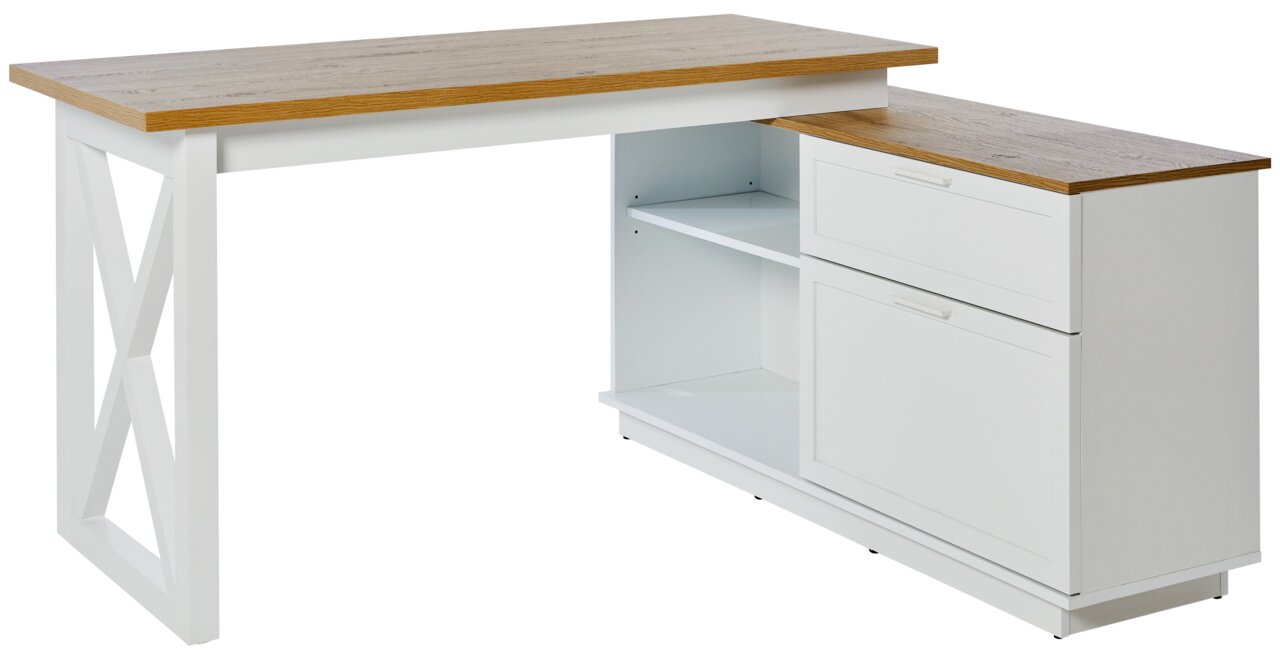Moderner Eck-Schreibtisch mit weißem Gestell und Holzoberfläche, seitliche Perspektive