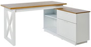 Modern hoekbureau met wit frame en houten blad, zijaanzicht