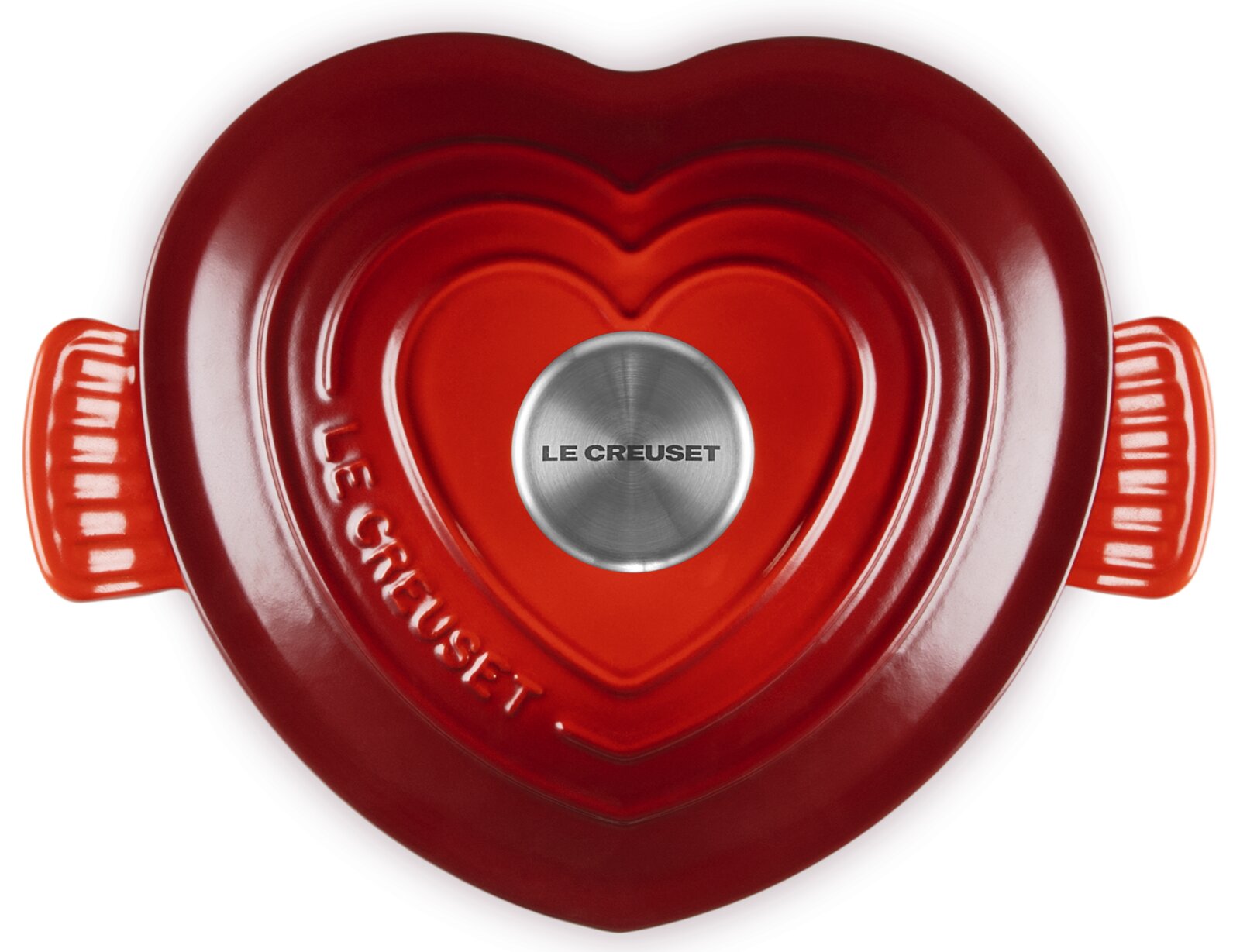Hartvormige braadpan in kersenrood, gezien van bovenaf, met het Le Creuset-logo op het deksel.