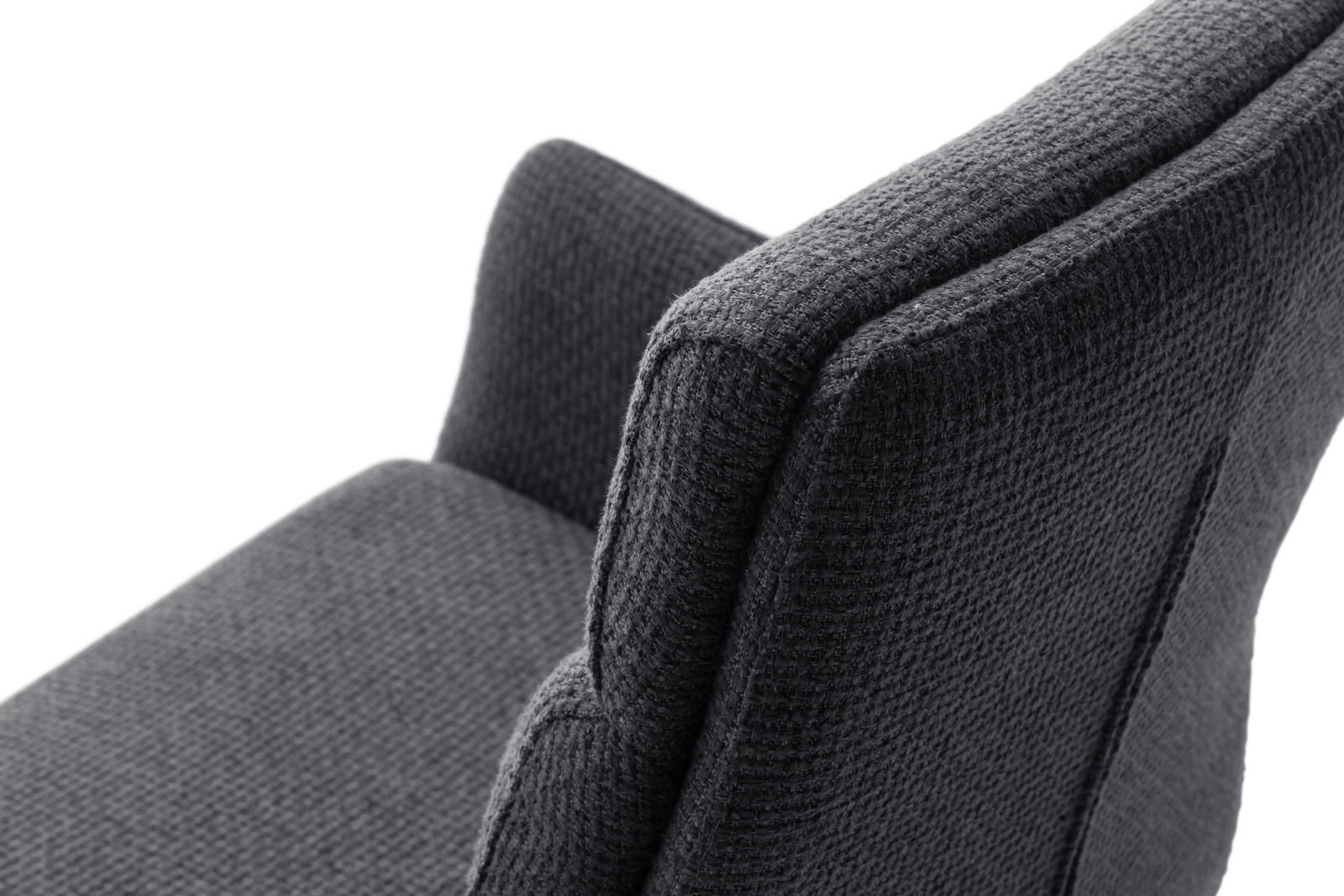 Nahaufnahme eines grauen Barstuhls mit Armlehnen, seitliche Perspektive