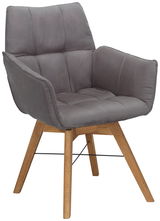 Grauer Armlehnenstuhl mit gepolstertem Sitz und Rückenlehne, Holzbeine, seitliche Perspektive