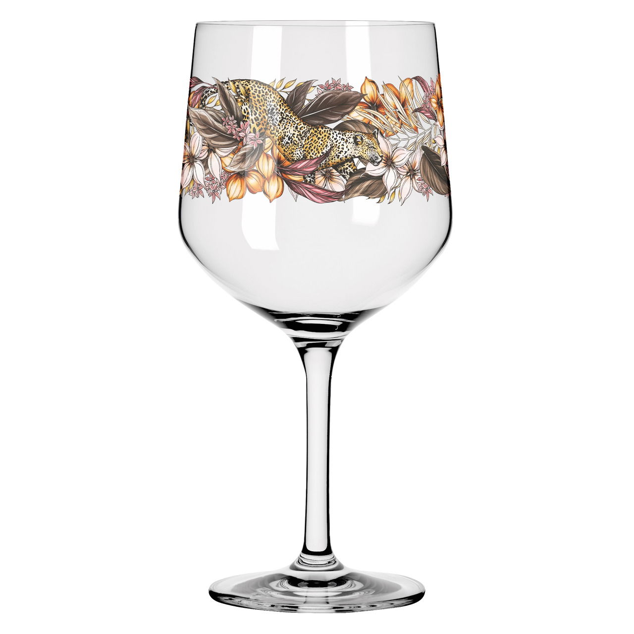 Weinglas mit Leoparden- und Blumenmuster, seitliche Perspektive