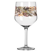 Weinglas mit Leoparden- und Blumenmuster, seitliche Perspektive