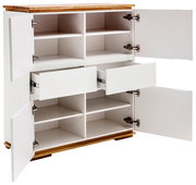 Weißes Highboard mit Holzplatte, offene Türen und Schubladen, seitliche Perspektive