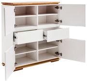 Weißes Highboard mit Holzplatte, offene Türen und Schubladen, seitliche Perspektive