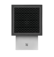 Schwarzer, unbestückter Messerblock von oben betrachtet, mit wellenförmigem Einsatz und silbernem Sockel mit WMF-Logo.