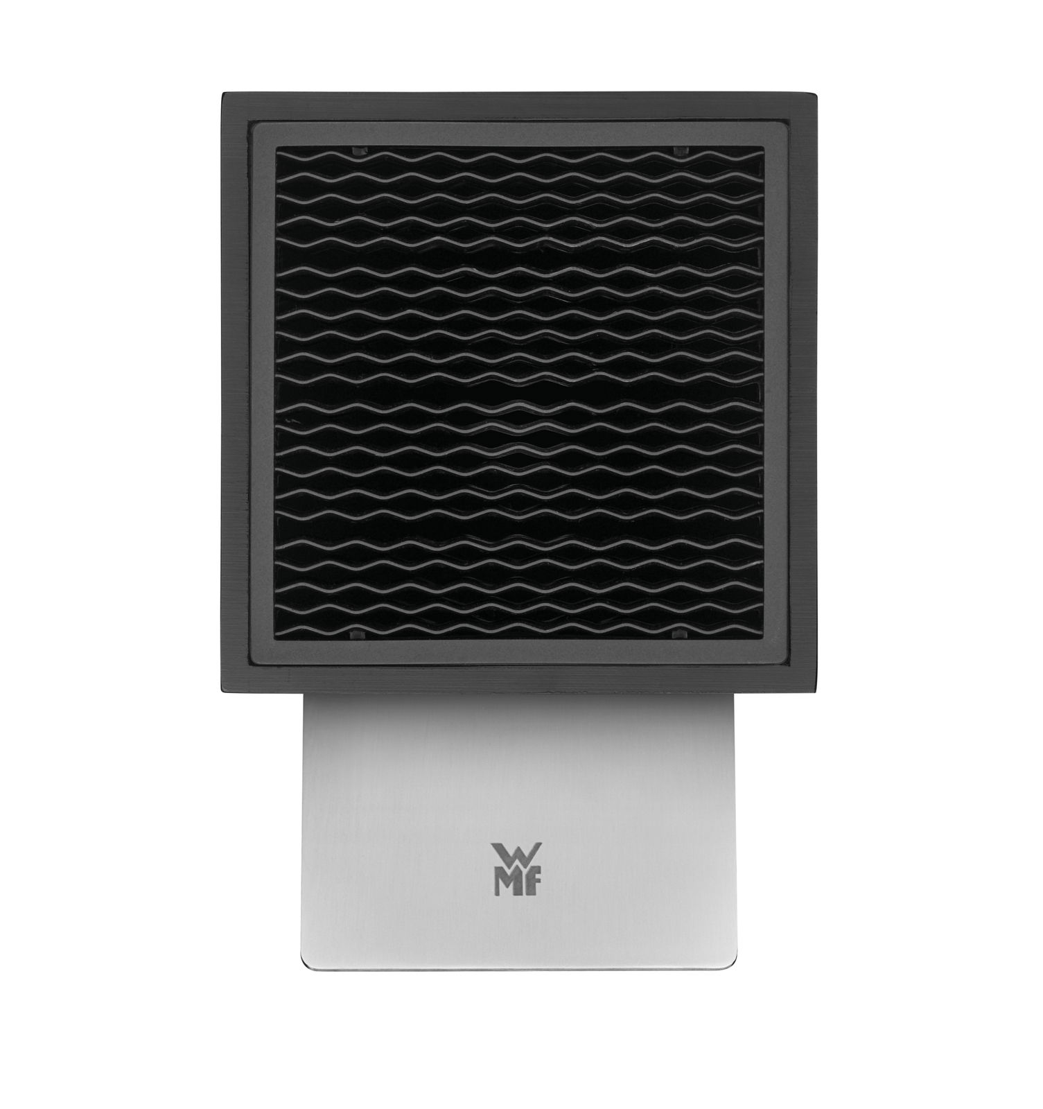 Schwarzer, unbestückter Messerblock von oben betrachtet, mit wellenförmigem Einsatz und silbernem Sockel mit WMF-Logo.