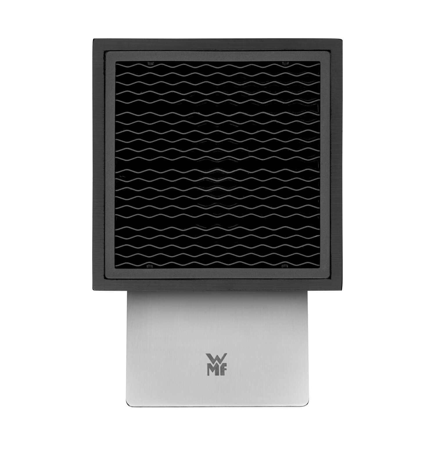 Schwarzer, unbestückter Messerblock von oben betrachtet, mit wellenförmigem Einsatz und silbernem Sockel mit WMF-Logo.