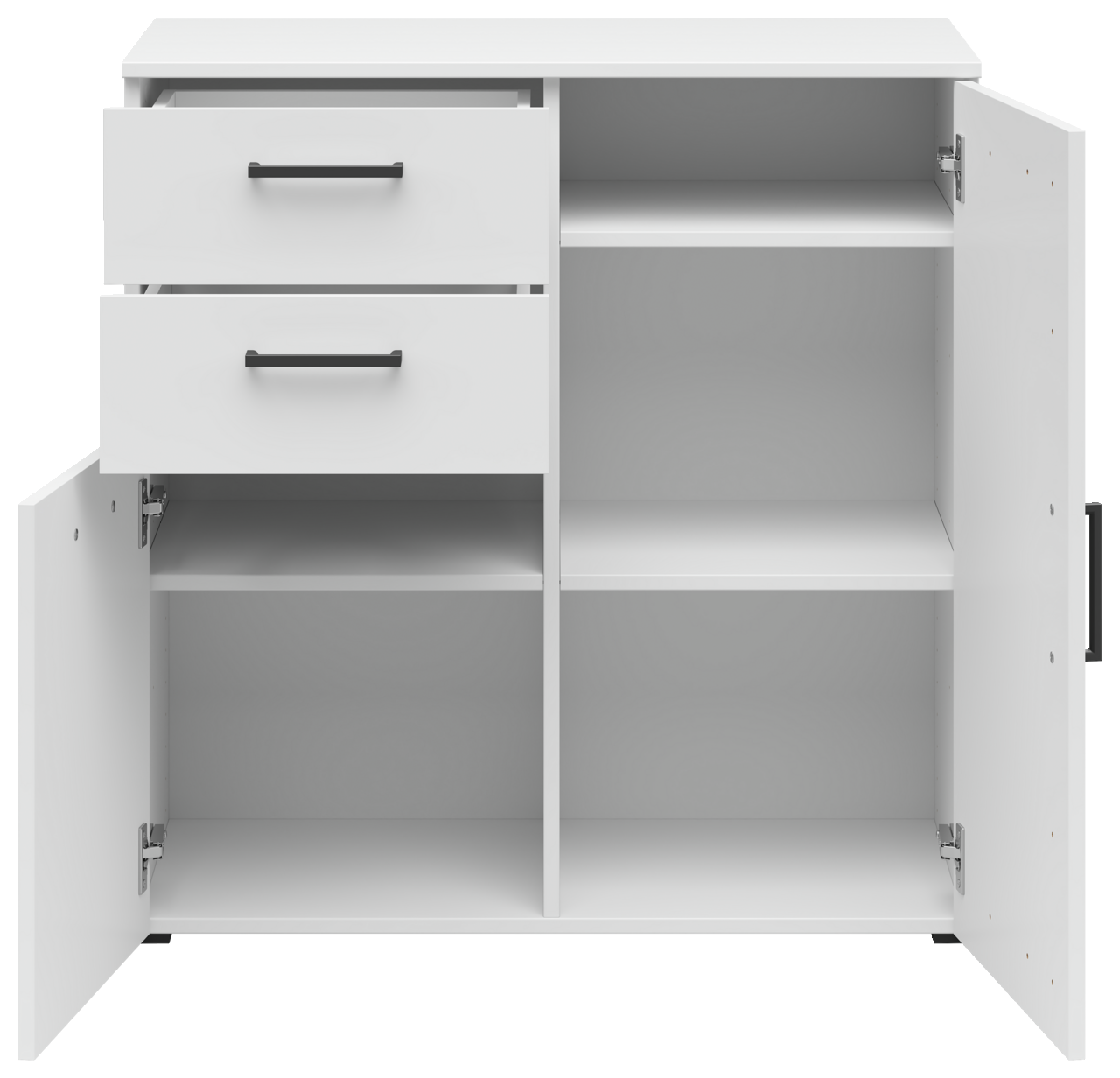 Weiße Kommode mit zwei offenen Schubladen und zwei offenen Türen, frontale Ansicht