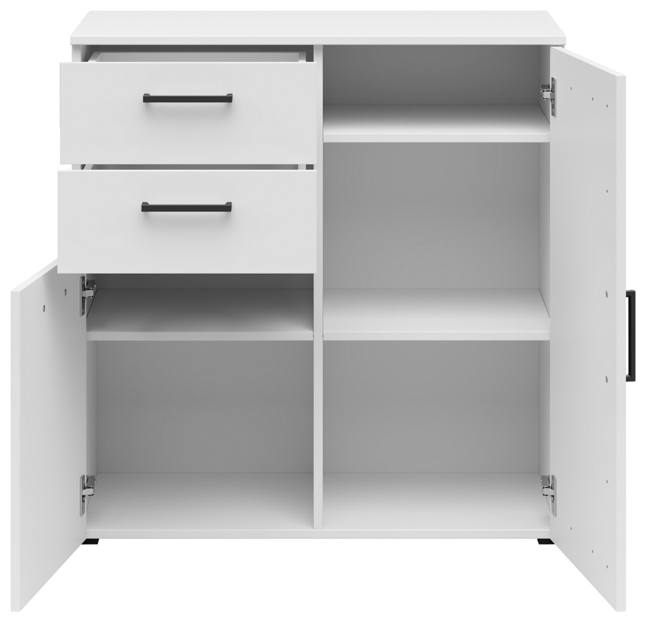 Weiße Kommode mit zwei offenen Schubladen und zwei offenen Türen, frontale Ansicht