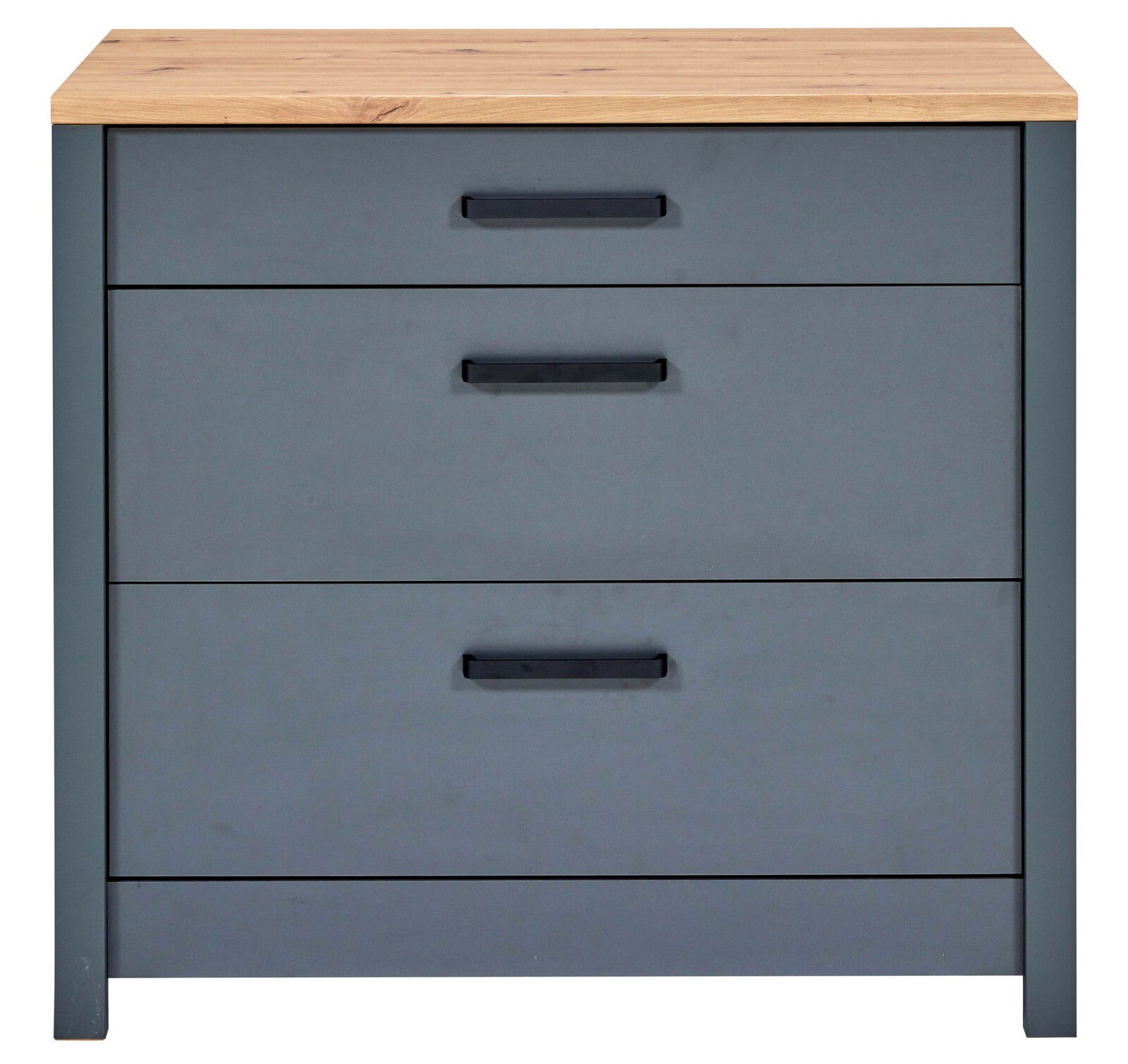 Frontansicht eines grauen Schubkastenunterschranks mit drei Schubladen und einer Holzoberfläche.