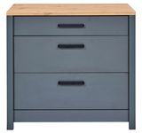 Frontansicht eines grauen Schubkastenunterschranks mit drei Schubladen und einer Holzoberfläche.