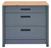 Frontansicht eines grauen Schubkastenunterschranks mit drei Schubladen und einer Holzoberfläche.