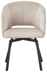 Frontansicht eines modernen Armlehnstuhls mit beigem Stoffbezug und schwarzen Metallbeinen.