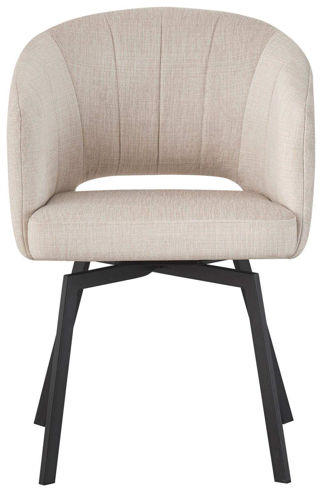 Frontansicht eines modernen Armlehnstuhls mit beigem Stoffbezug und schwarzen Metallbeinen.
