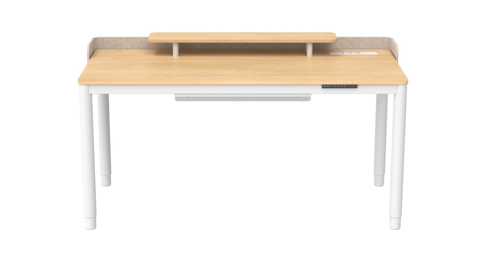 Elektrisch höhenverstellbarer Schreibtisch mit heller Holzplatte, weißem Gestell, Ablageaufsatz und integrierter Bedieneinheit, frontale Ansicht.