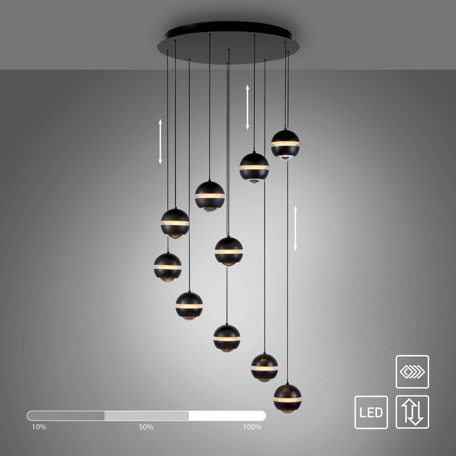 Moderne LED-hanglamp met meerdere lampen in zwart, met een ronde kap en meerdere bolvormige lampen aan kabels van verschillende lengtes, warm licht, vooraanzicht licht van onderaf