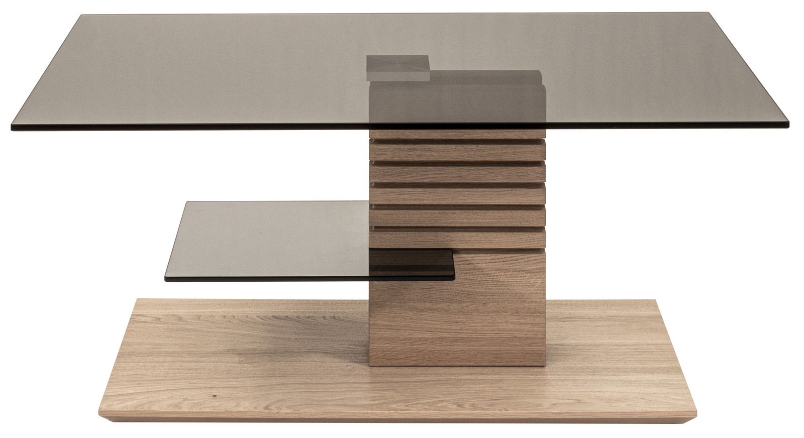 Moderner Couchtisch mit Glasplatte und Holzdetails, frontale Ansicht