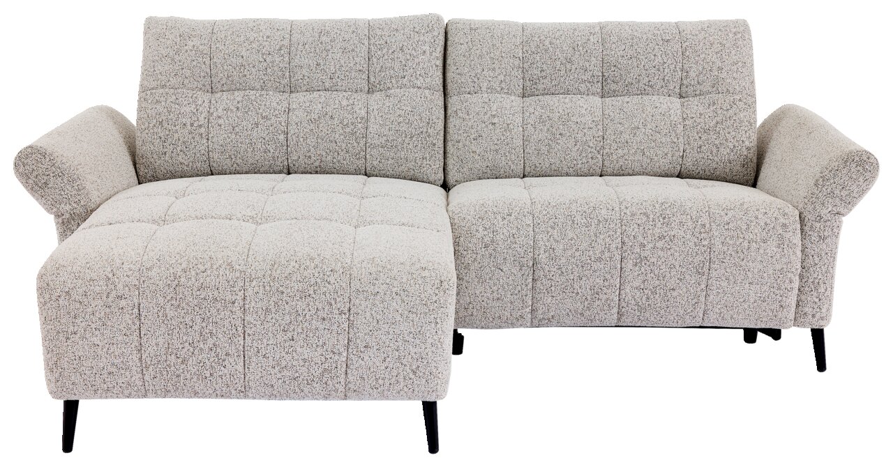 Frontale Ansicht eines modernen, hellgrauen Ecksofas mit gepolsterten Armlehnen und schwarzen Beinen.