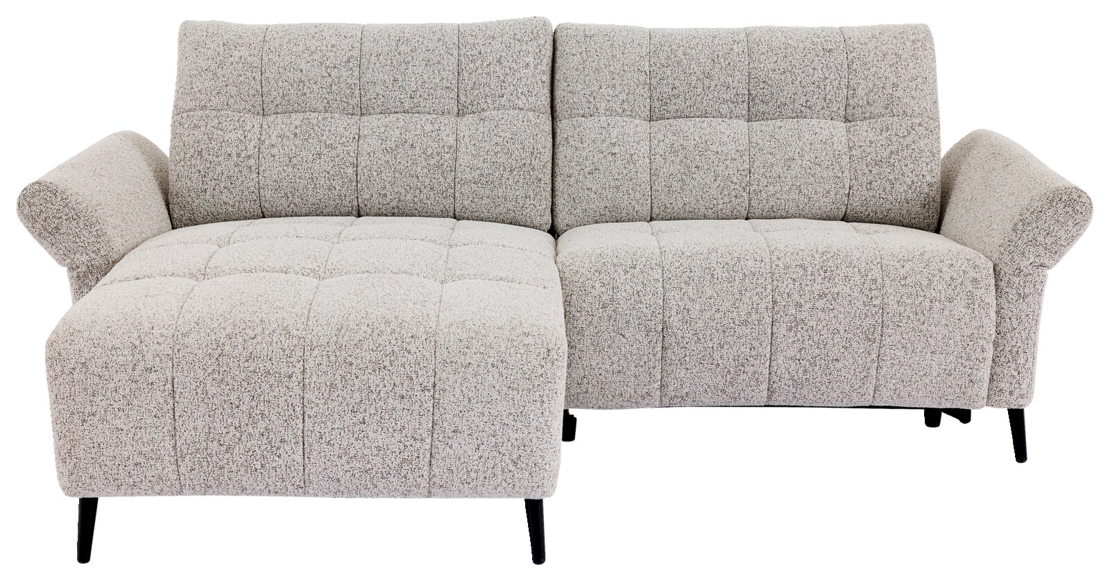Frontale Ansicht eines modernen, hellgrauen Ecksofas mit gepolsterten Armlehnen und schwarzen Beinen.