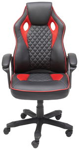 Gaming Stuhl in Schwarz und Rot mit ergonomischem Design, aus der Frontalperspektive