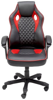 Gaming Stuhl in Schwarz und Rot mit ergonomischem Design, aus der Frontalperspektive