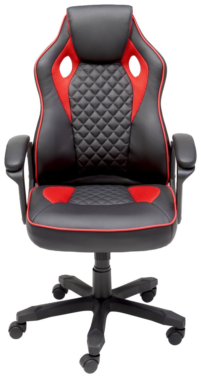 Gaming Stuhl in Schwarz und Rot mit ergonomischem Design, aus der Frontalperspektive