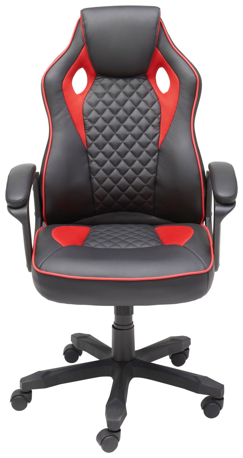 Gaming Stuhl in Schwarz und Rot mit ergonomischem Design, aus der Frontalperspektive