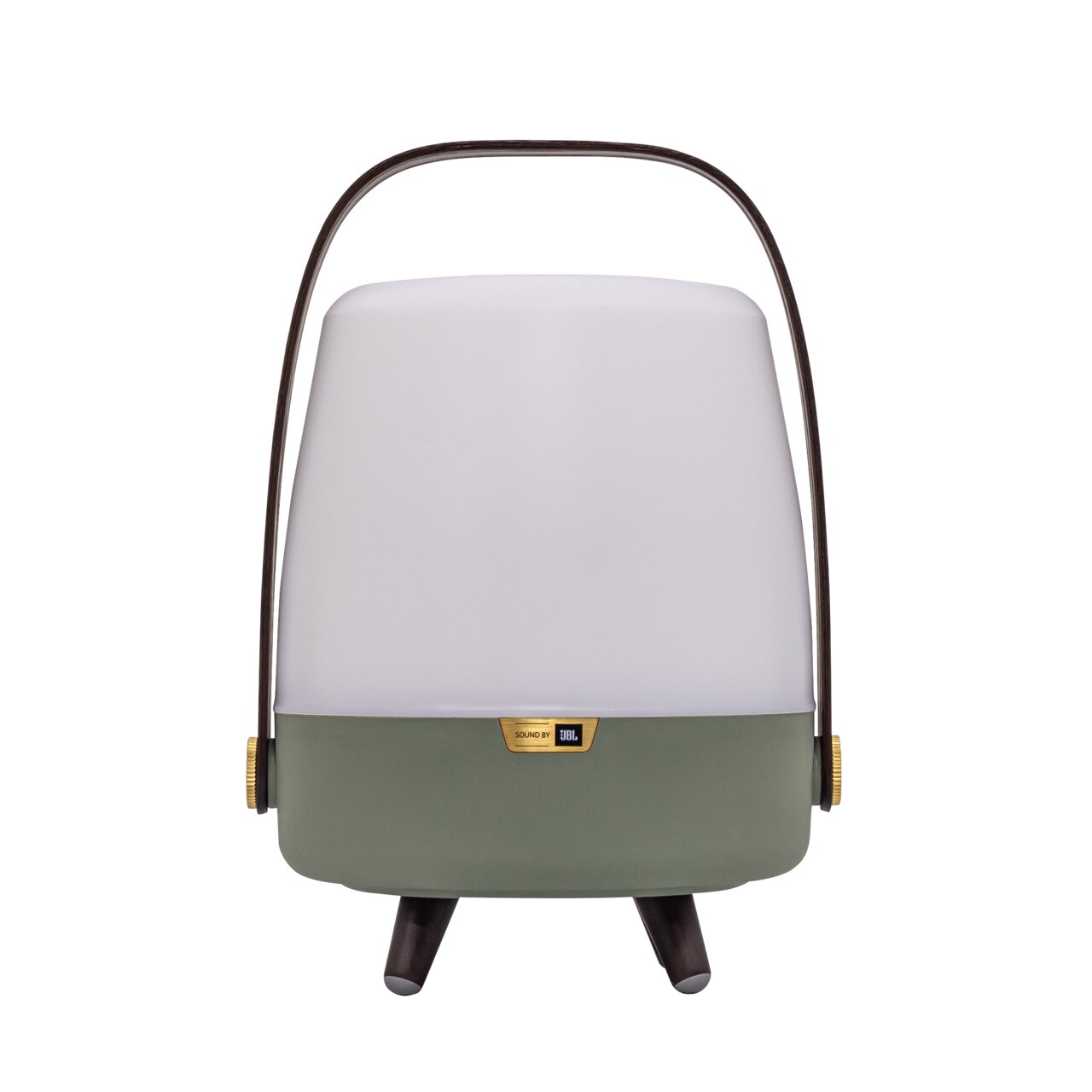 Frontansicht einer tragbaren Lampe mit grünem Sockel und weißem Leuchtkörper, ausgestattet mit einem Griff und JBL-Logo.