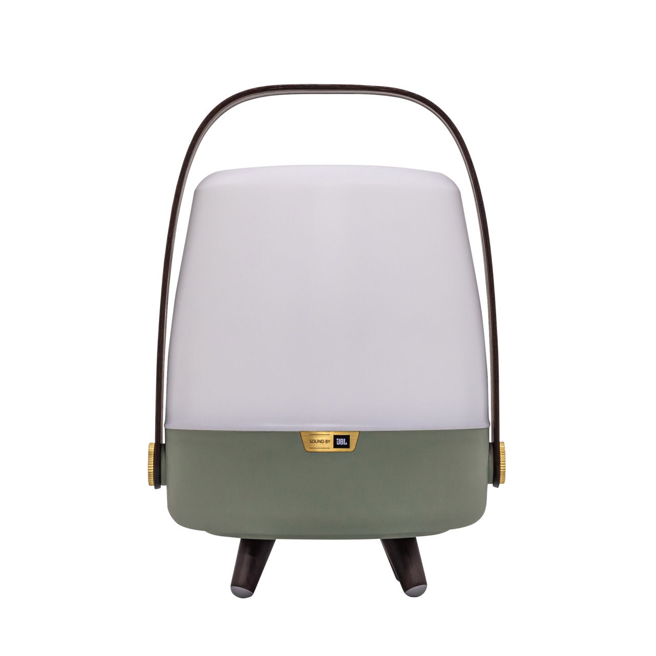 Frontansicht einer tragbaren Lampe mit grünem Sockel und weißem Leuchtkörper, ausgestattet mit einem Griff und JBL-Logo.