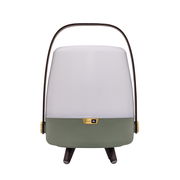 Frontansicht einer tragbaren Lampe mit grünem Sockel und weißem Leuchtkörper, ausgestattet mit einem Griff und JBL-Logo.