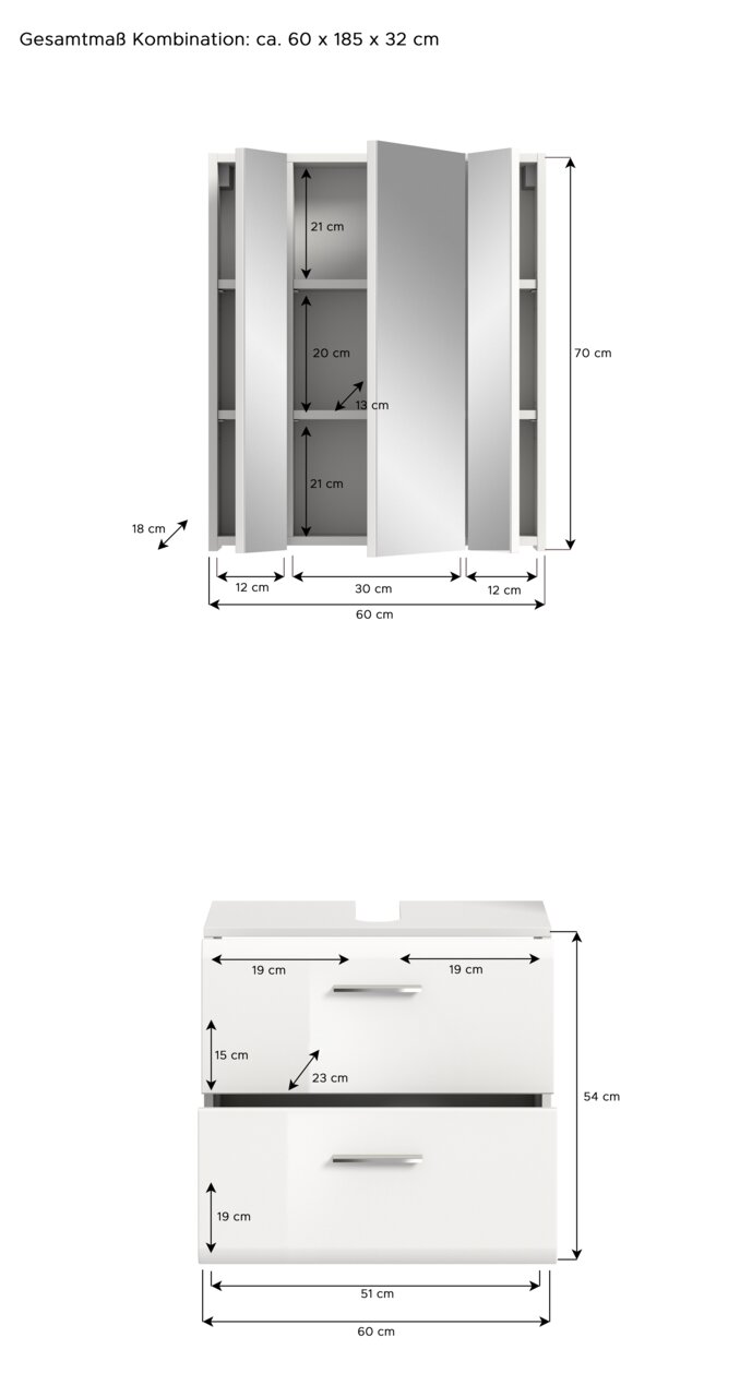Badkombination bestehend aus einem Spiegelschrank mit drei Türen und einem Unterschrank mit zwei Schubladen, Gesamtmaße ca. 60 x 185 x 32 cm, Frontansicht