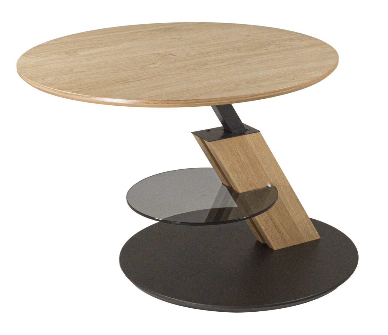 Moderner Couchtisch mit rundem Holztablett, schrägem Holzgestell und Glasablage, seitliche Perspektive