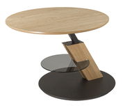 Moderner Couchtisch mit rundem Holztablett, schrägem Holzgestell und Glasablage, seitliche Perspektive