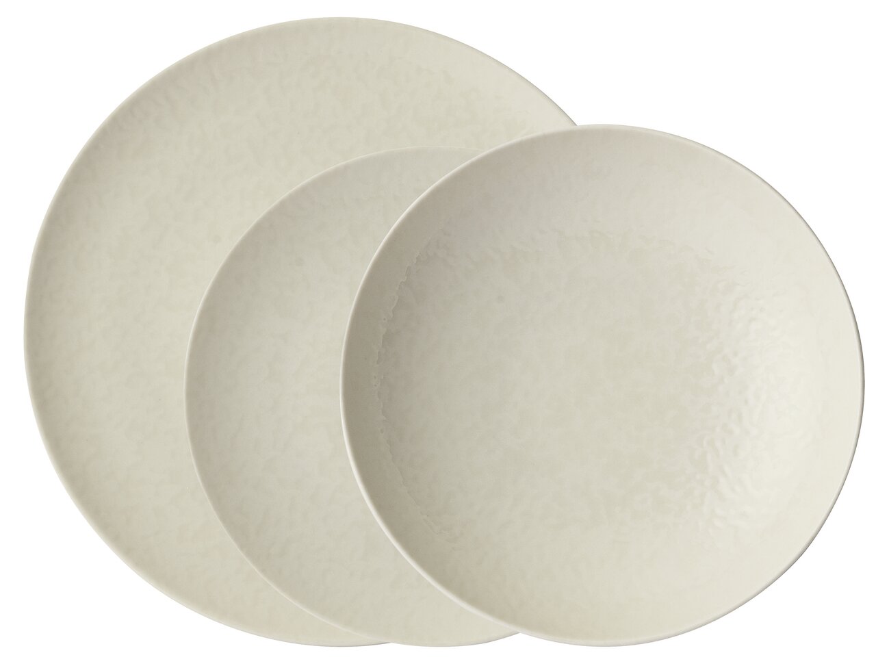 Draufsicht auf ein 12-teiliges Tellerset Eclipse Day in neutralem Design.