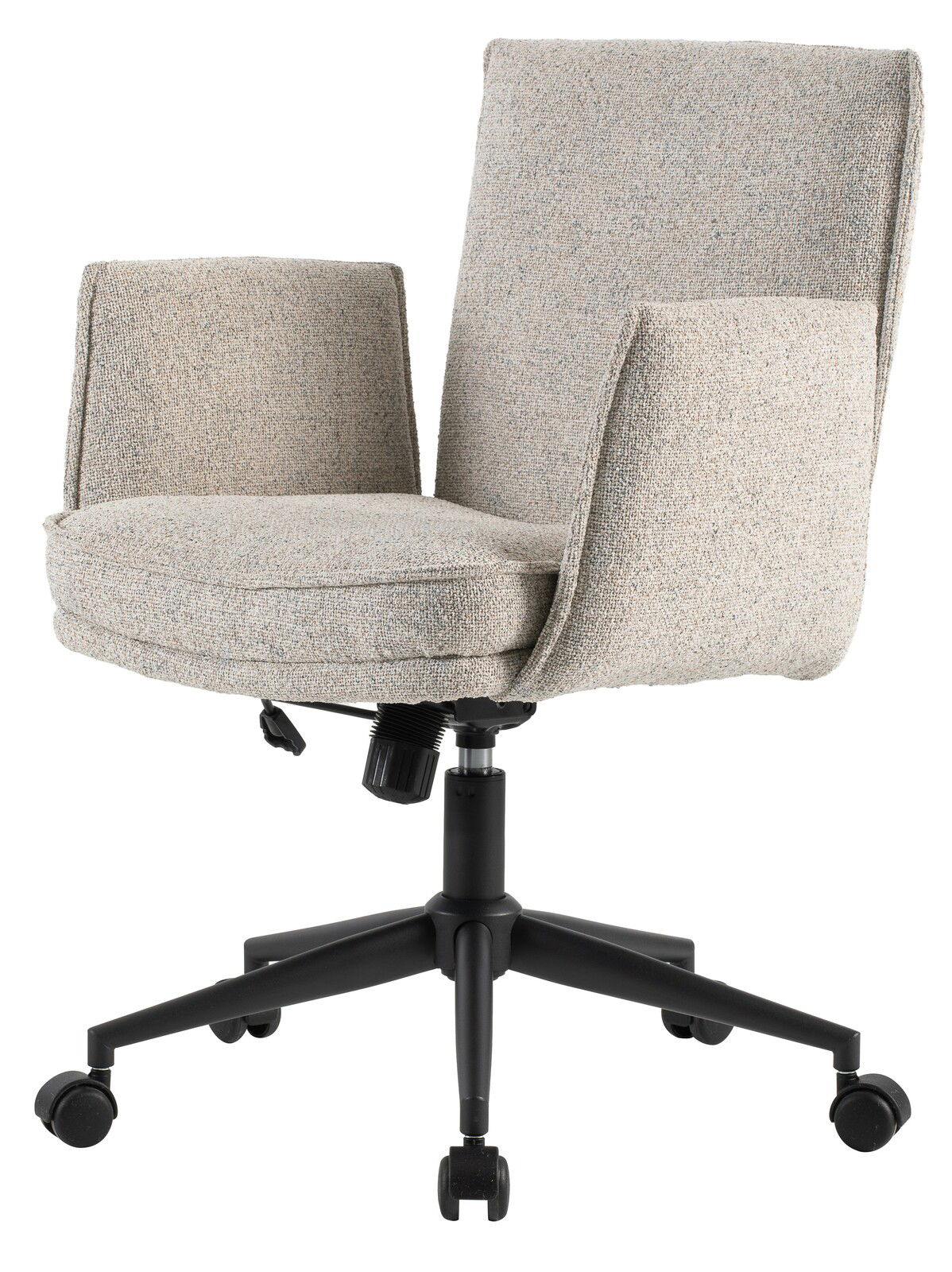Beiger Drehstuhl mit Armlehnen und schwarzem Fußgestell, seitliche Perspektive