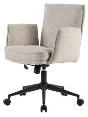 Beiger Drehstuhl mit Armlehnen und schwarzem Fußgestell, seitliche Perspektive