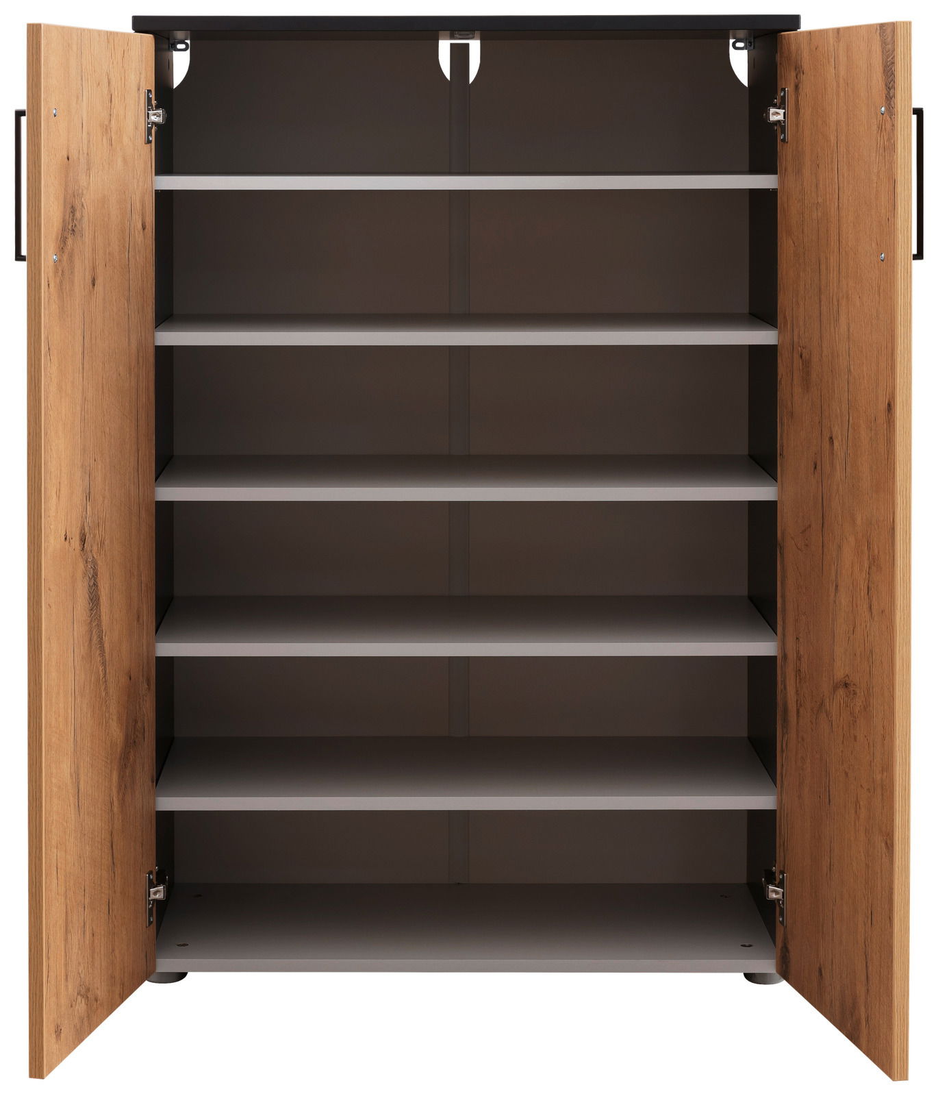 Offener Schuhschrank mit fünf Regalböden und Holztüren, Frontalansicht