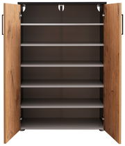 Offener Schuhschrank mit fünf Regalböden und Holztüren, Frontalansicht