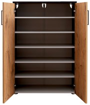 Offener Schuhschrank mit fünf Regalböden und Holztüren, Frontalansicht