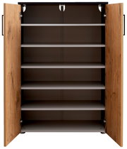 Offener Schuhschrank mit fünf Regalböden und Holztüren, Frontalansicht