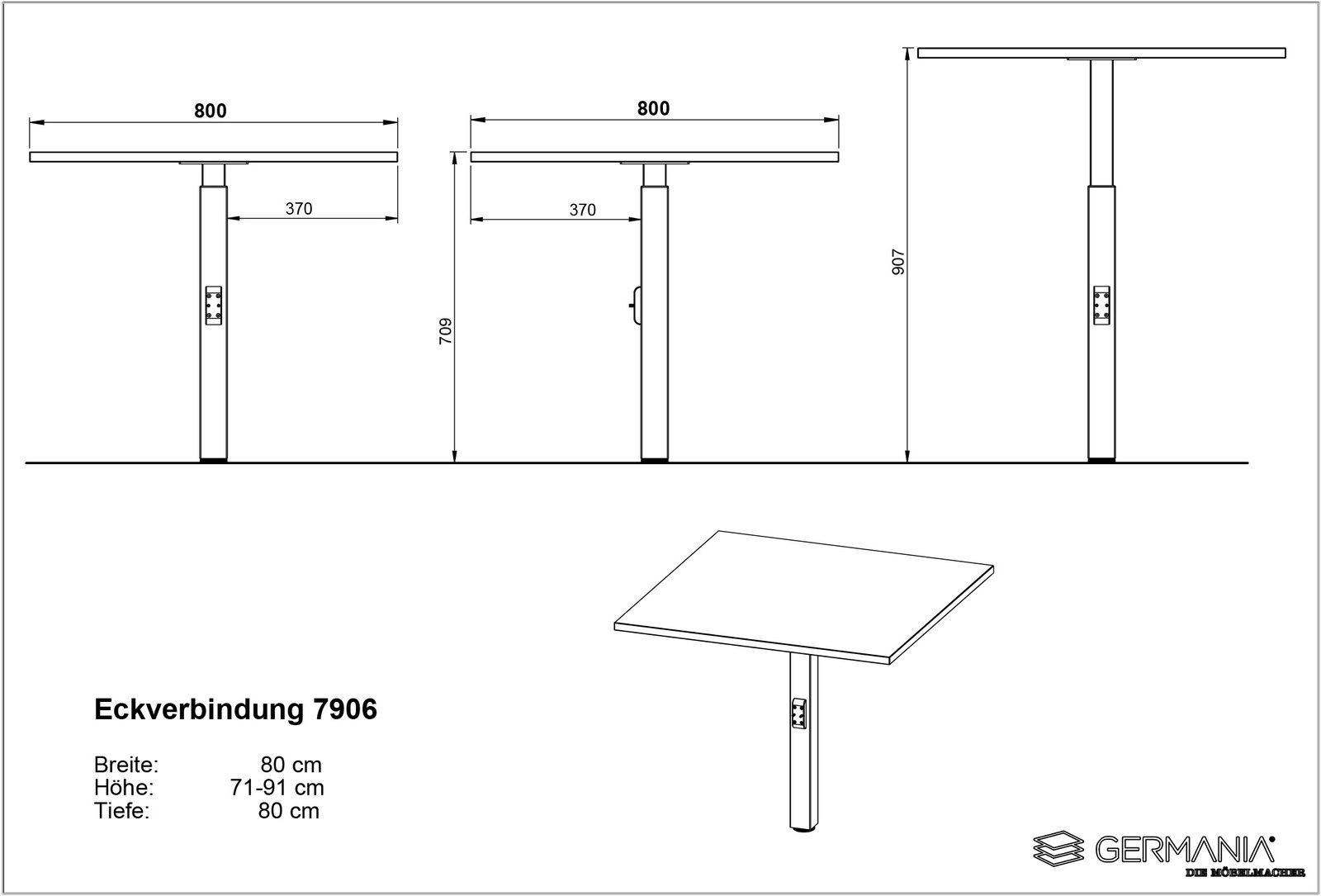 Technische Zeichnung einer Eckverbindung mit verstellbarer Höhe von 71 bis 91 cm, Breite und Tiefe jeweils 80 cm. Perspektive von der Seite und schräg oben.