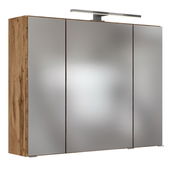 Moderner Spiegelschrank mit drei Türen und Holzrahmen, seitliche Perspektive