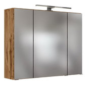 Moderner Spiegelschrank mit drei Türen und Holzrahmen, seitliche Perspektive